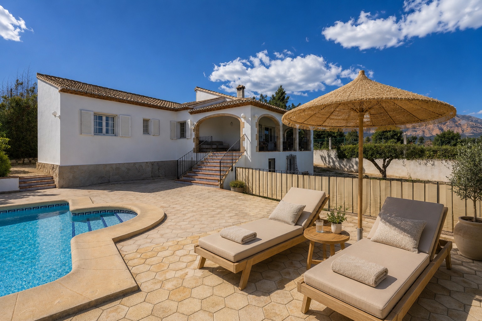 Ruime Ibiza stijl villa met zelfstandig groot gastenverblijf in Javea