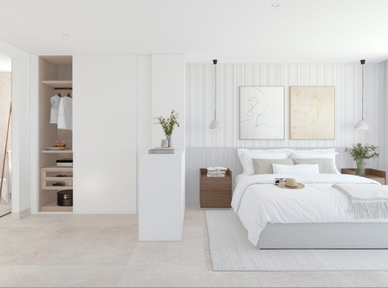 Luxe nieuwbouw resort in Calpe met uitzicht op zee en natuurpark Las Salinas. modern bedroom