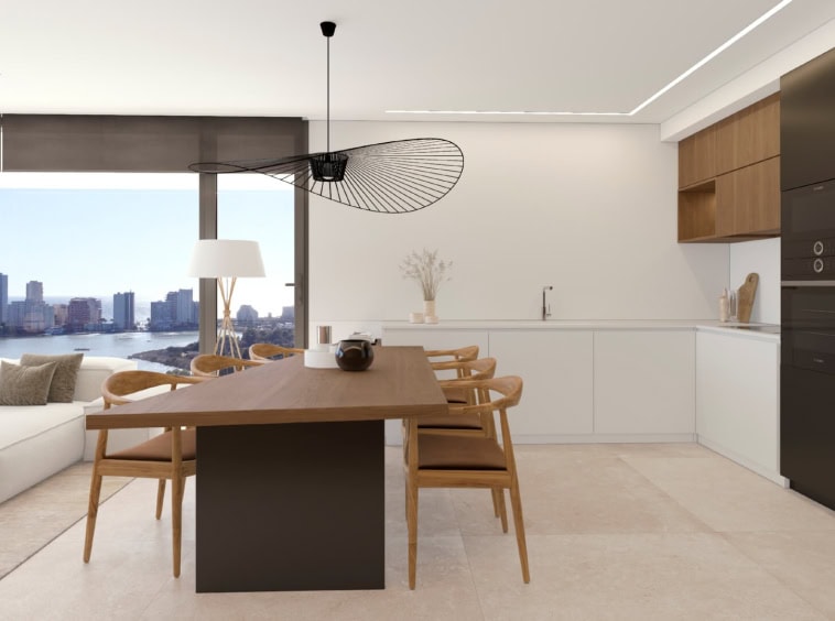 Luxe nieuwbouw duplex penthouse met zwembad in Calpe met uitzicht op zee en natuurpark Las Salinas. open keuken