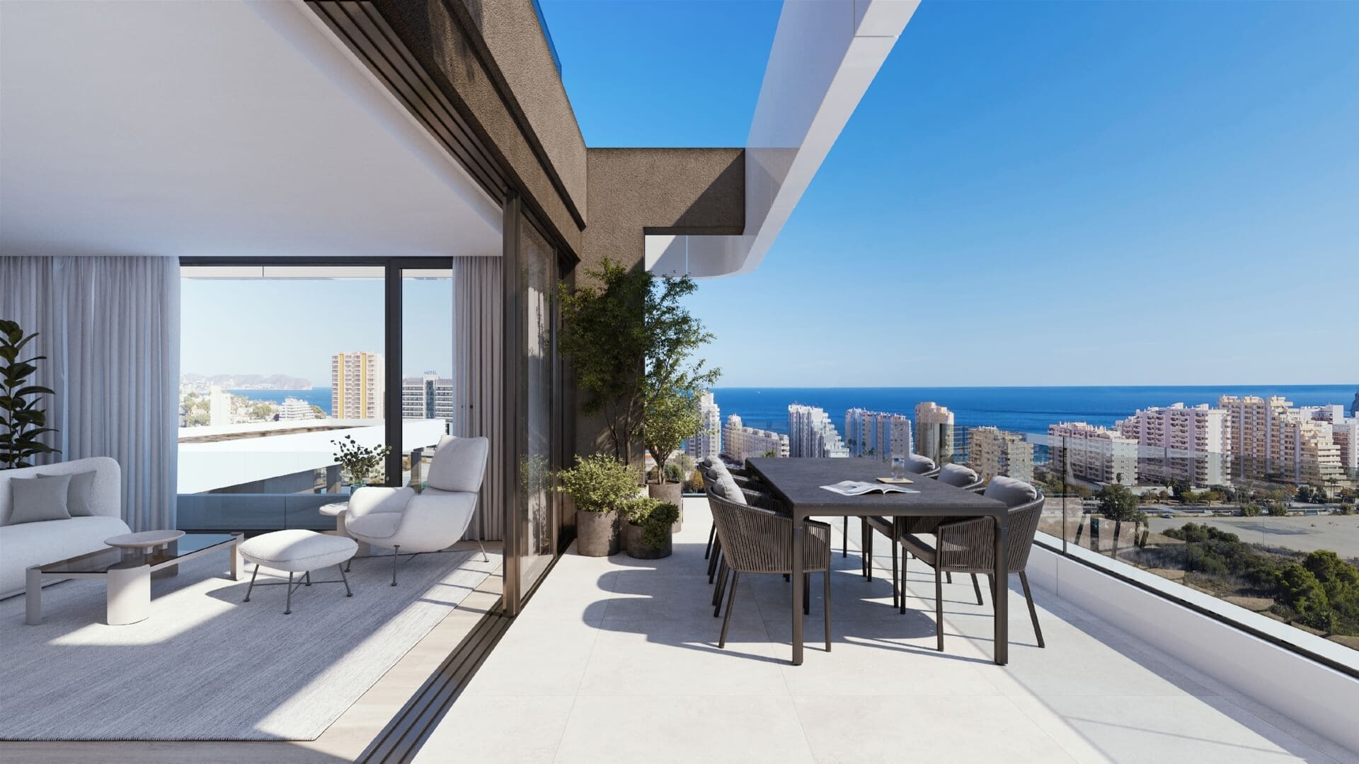 Luxe nieuwbouw duplex penthouse met zwembad in Calpe met uitzicht op zee en natuurpark Las Salinas.